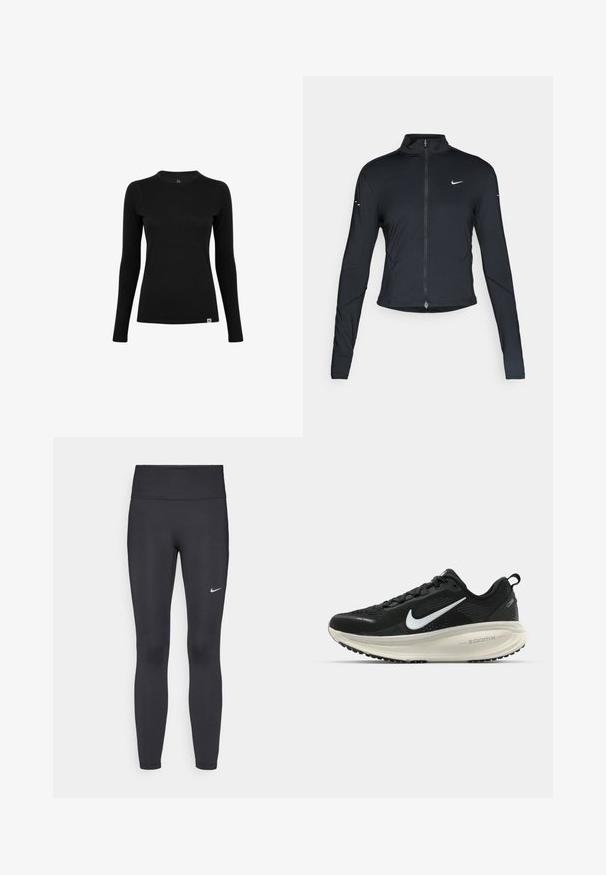 Czarna, długorękawowa, sportowa kurtka z zamkiem błyskawicznym z przodu i białym logo Nike swoosh na lewej piersi, zaprojektowana z myślą o szczupłym kroju.; Czarna koszula z długim rękawem wykonana z gładkiej tkaniny, z okrągłym dekoltem. Posiada subtelną metkę z logo w dolnym lewym rogu. Minimalistyczny design.; Czarne legginsy z elastycznego materiału, z wysokim pasem i białym logo Nike na lewym udzie. Gładka tekstura, dopasowany krój.; Czarna biegowa półbut z oddychającej siateczki, białym logo swoosh, teksturowanymi detalami oraz kremową podeszwą środkową ZoomX.