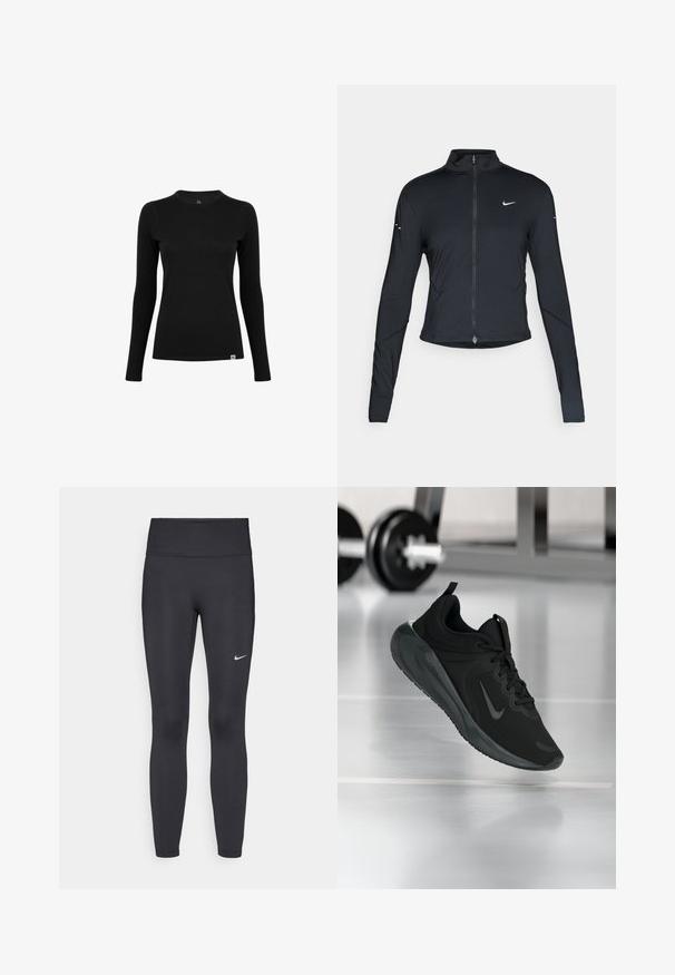 Svart långärmad träningsjacka med framdragkedja och vitt Nike-swoosh-logotyp på vänster bröst, designad för en slim fit.; Svart långärmad tröja i ett mjukt tyg med rund halsringning. Har en diskret logotypetikett i nederkanten på vänster sida. Minimalistisk design.; Svarta leggings i elastiskt material, med hög midja och en vit Nike-logga på vänster lår. Slät textur, figurnära design.; Svarta sportskor med Nike-logotyp, visade mitt i luften på gymgolvet, med en suddig hantelställning i bakgrunden.