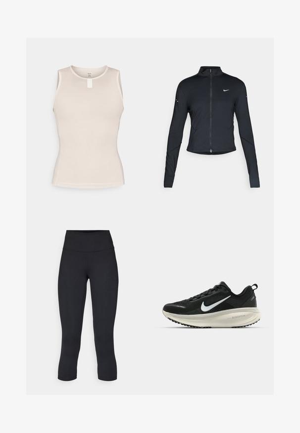 Fekete, hosszú ujjú sportdzseki elején zippzárral és fehér Nike swoosh logóval a bal mellen, karcsú fazonra tervezve.; Ujjatlan tank felső világos bézs színben, textúrált hálós mintával, kerek nyakkivágással és egy kis fehér címkével a háton.; Fekete, rövidített leggings elasztikus anyagból, magas derékkal és sima textúrával, látható minták vagy fémalkatrészek nélkül.; Fekete Nike futócipő légáteresztő hálós felsőrésszel, fehér Swoosh logóval, textúrázott részletekkel és krém színű ZoomX középtalppal.