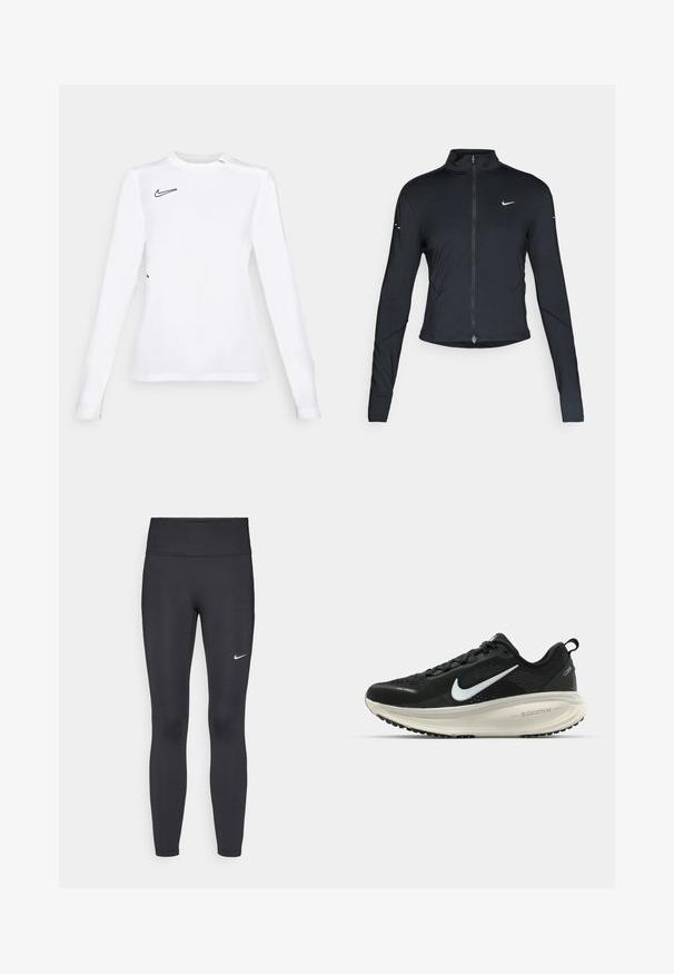 Black long-sleeve athletic jacket with front zipper and white Nike swoosh logo on left chest, designed for a slim fit.; Long-sleeve white athletic shirt made of breathable fabric, featuring a black Nike swoosh logo on the upper left. Smooth texture, fitted design.; Black leggings made of stretchy fabric, featuring a high waistband and a white Nike logo on the left thigh. Smooth texture, form-fitting design.; Black Nike running shoe with breathable mesh upper, white swoosh logo, textured detailing, and a cream-colored ZoomX midsole.