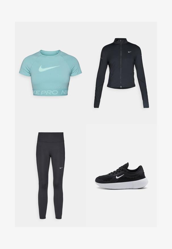 Black long-sleeve athletic jacket with front zipper and white Nike swoosh logo on left chest, designed for a slim fit.; Light blue cropped sports top made of smooth fabric, featuring a round neckline, short sleeves, and a tonal Nike logo on the front.; Black leggings made of stretchy fabric, featuring a high waistband and a white Nike logo on the left thigh. Smooth texture, form-fitting design.; Black athletic shoe with a mesh upper, textured design, round toe, white rubber sole, and a Nike logo on the side.