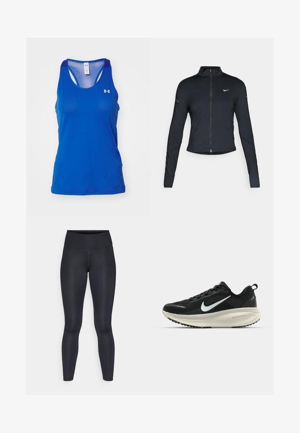 Zwarte lange mouwen sportjack met rits aan de voorkant en wit Nike swoosh-logo op de linkerborst, ontworpen voor een slank figuur.; Under Armour TECH RACER - Top - tech blue/white; Zwarte leggings van glad, rekbaar stof. Hoge taille zonder zichtbare patronen of accenten. Sluiten nauw aan van taille tot enkels.; Zwarte Nike hardloopschoen met ademend mesh bovenwerk, witte swoosh-logo, gestructureerde details en een crèmekleurige ZoomX middenzool.