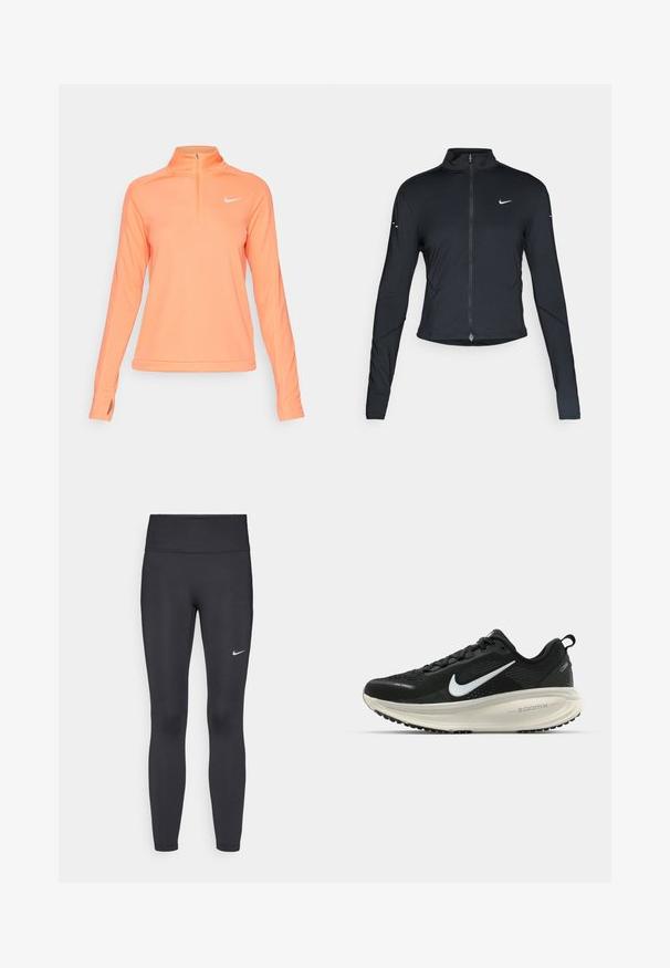 Črna dolgoprogaška jakna s dolgimi rokavi, z zadrgo spredaj in belim logotipom Nike na levem prsnem delu, zasnovana za ohlapno prileganje.; Nike Performance DRI-FIT PACER - Majica z dolgimi rokavi - wild mango/reflective silver; Črne legice iz elastične tkanine, z visokim pasom in belim Nike logo na levem stegnu. Gladka tekstura, oblikovno prilegajoč dizajn.; Črne Nike tekaške čevlje z zračno mrežno zgornjim delom, belim logotipom Swoosh, teksturiranimi detajli in smetanasto barvnim srednjim delom ZoomX.