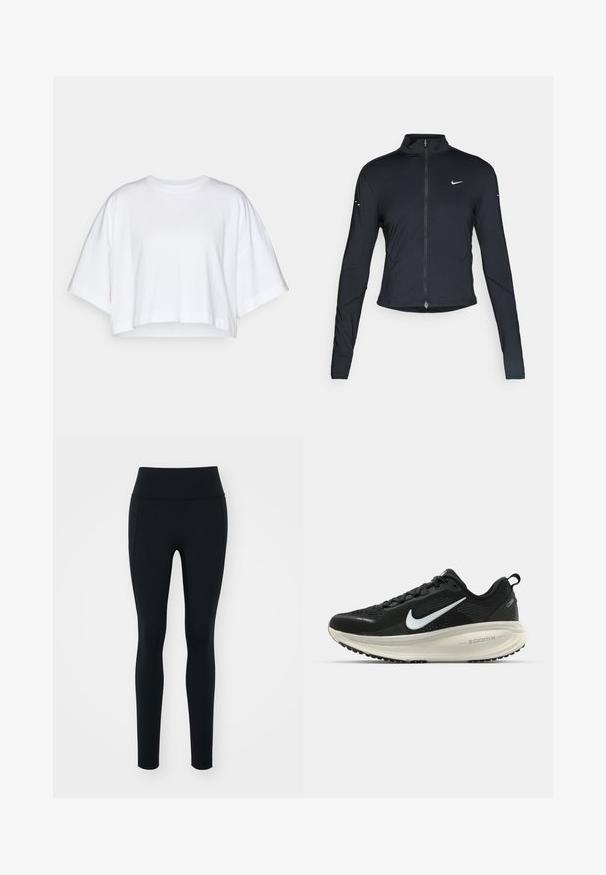 Svart långärmad träningsjacka med framdragkedja och vitt Nike-swoosh-logotyp på vänster bröst, designad för en slim fit.; Vit kortärmad t-shirt i mjuk bomull, med korta, breda ärmar och rund halsringning. Minimalistisk design, inga synliga mönster eller detaljer.; Svarta leggings i elastiskt material med hög midja. Slät textur, figurnära design och inga synliga dekorationer eller mönster.; Svart Nike löparsko med andningsbart mesh-ovandel, vit swoosh-logotyp, texturerad detaljering och en krämfärgad ZoomX-mellansula.