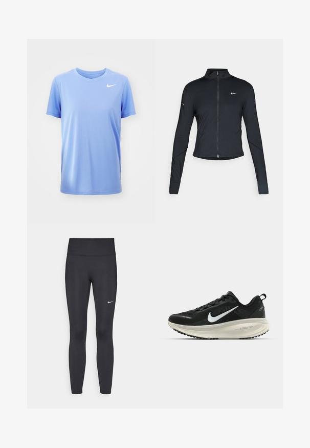Chaqueta atlética negra de manga larga con cremallera frontal y logo de Nike en blanco en el pecho izquierdo, diseñada para un ajuste slim.; Nike Performance TEE - Camiseta deportiva - royal pulse; Leggings negras de tela elástica, con una cintura alta y un logo blanco de Nike en el muslo izquierdo. Textura suave, diseño ajustado.; Zapatilla de running Nike negra con parte superior de malla transpirable, logo Swoosh blanco, detalles texturizados y una entresuela ZoomX de color crema.