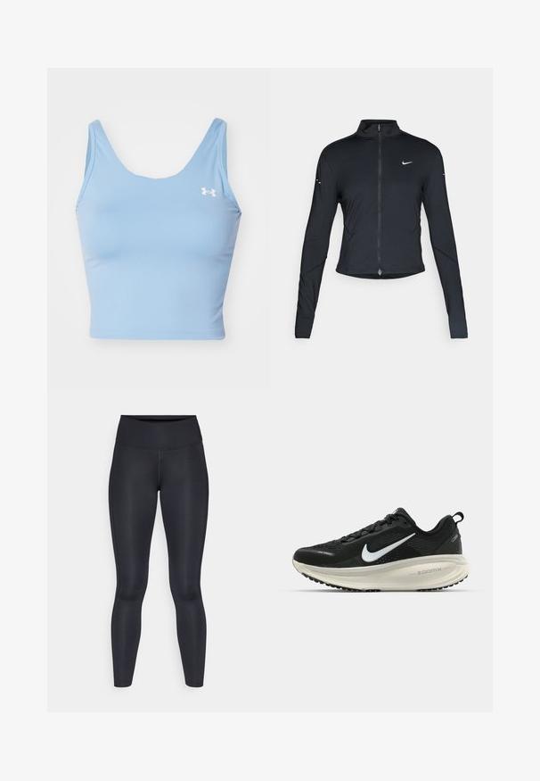 Černá sportovní bunda s dlouhým rukávem, s předním zapínáním na zip a bílým logem Nike swoosh na levé části hrudníku, navržena pro slim fit.; Světle modrý crop top vyrobený z hladkého materiálu. Má široký výstřih a tenká ramínka. Obsahuje malé bílé logo na levé straně hrudi.; Černé legíny vyrobené z hladké, elastické tkaniny. Vysoký pas bez viditelných vzorů nebo akcentů. Těsně přiléhají od pasu k kotníkům.; Černá běžecká obuv Nike s prodyšným síťovaným svrškem, bílým logem swoosh, texturovanými detaily a krémovou mezipodešví ZoomX.