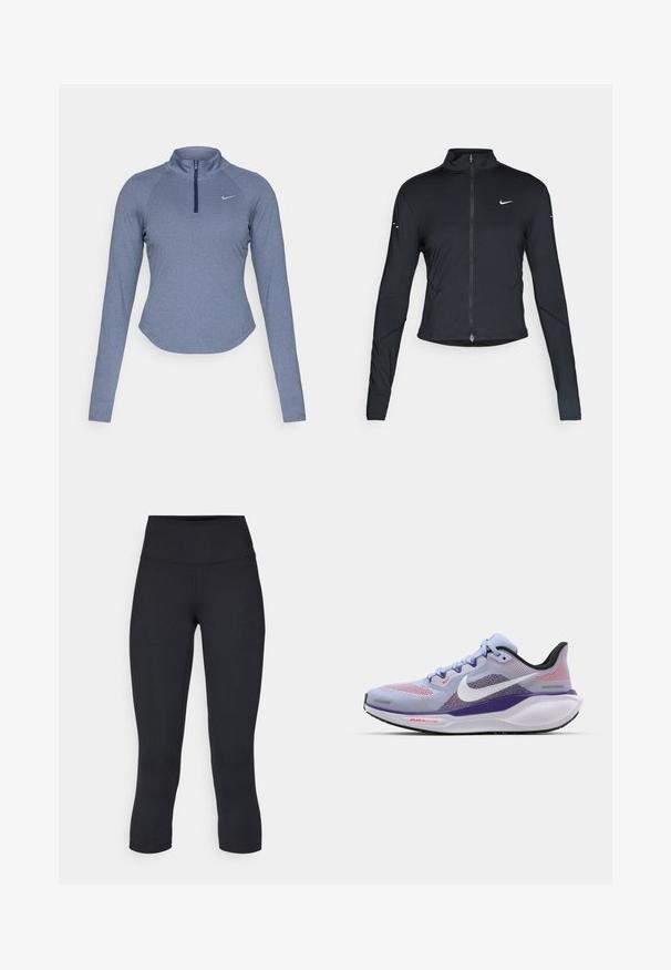 Musta pitkähihainen urheilu takki, jossa on edessä vetoketju ja valkoinen Nike-swoosh-logo vasemmassa rinnassa, suunniteltu slim fit -malliseksi.; Pitkähiha, vetoketjullinen urheiluongli, joka on valmistettu heather-harmaasta sinisestä kankaasta, kauluksessa ja vasemmassa rinnassa on hillitty Nike-logo.; Musta lyhyet legginsit joustavasta kankaasta, joissa on korkea vyötärö ja sileä pinta, ilman näkyviä kuvioita tai metalliosia.; Vaaleansininen Nike-juoksukenkä, jossa on verkkomateriaali, violetteja yksityiskohtia, musta kanta ja valkoinen pohja, jossa on punainen "AIR 200" -merkintä.