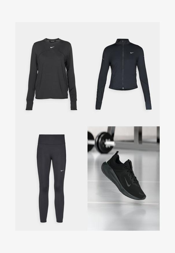 Zwarte lange mouwen sportjack met rits aan de voorkant en wit Nike swoosh-logo op de linkerborst, ontworpen voor een slank figuur.; Nike Performance SWIFT TOP - Longsleeve - black/(reflective silv); Zwarte legging van rekbare stof met een hoge tailleband en een wit Nike-logo op de linkerdij. Gladde textuur, aansluitend ontwerp.; Zwarte sportsneaker met Nike-logo, weergegeven in de lucht boven de gymvloer, met een vervaagde halterrek op de achtergrond.