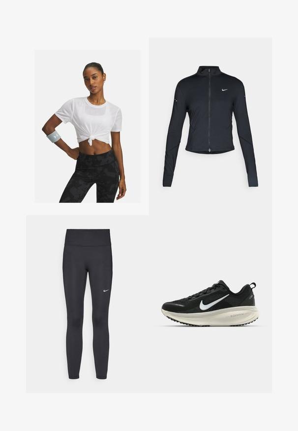 Melnā garo piedurkņu sporta jaka ar priekšējo rāvējslēdzēju un baltu Nike swoosh logo uz kreisā krūts, paredzēta ciešai piegriezei.; Balts acsējošs augsts tops ar mezgla priekšpusi, valkāts ar melniem, rakstainiem augstiem legingiem; papildināts ar pelēku rokassprādzi.; Melnas legingi, izgatavoti no elastīga auduma, ar augstu jostu un baltu Nike logotipu kreisajā augšstilbā. Gluda tekstūra, piegulošs dizains.; Melnas Nike skriešanas kurpes ar elpojošu acs augšdaļu, baltu Swoosh logotipu, strukturētu apdari un krēmkrāsas ZoomX starpsole.