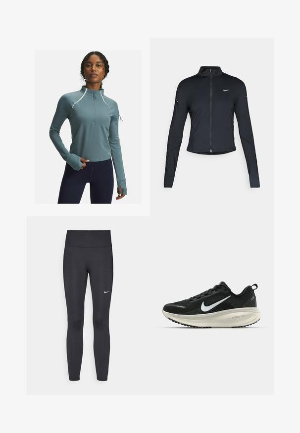 Black long-sleeve athletic jacket with front zipper and white Nike swoosh logo on left chest, designed for a slim fit.; Teal athletic pullover with half-zip, collar, and long sleeves. Textured sleeve cuffs and reflective accents enhance visibility and style.; Black leggings made of stretchy fabric, featuring a high waistband and a white Nike logo on the left thigh. Smooth texture, form-fitting design.; Black Nike running shoe with breathable mesh upper, white swoosh logo, textured detailing, and a cream-colored ZoomX midsole.
