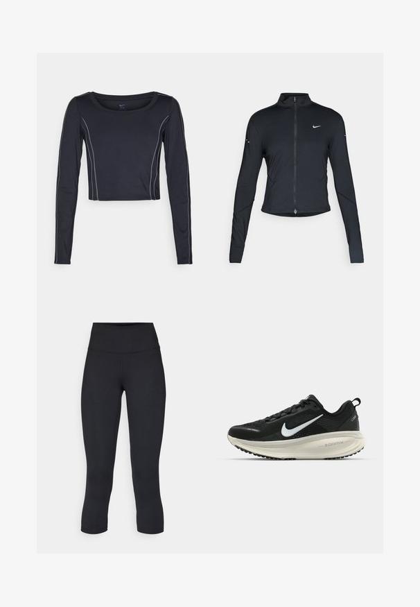 Črna dolgoprogaška jakna s dolgimi rokavi, z zadrgo spredaj in belim logotipom Nike na levem prsnem delu, zasnovana za ohlapno prileganje.; Temno modra dolga majica s kratkimi rokavi in okroglim izrezom. Ima svetlo sivo šivanje ob šivih. Narejena iz raztegljive tkanine za udobje.; Črne skrajšane legice iz raztegljive tkanine, z visokim pasom in gladko teksturo, brez vidnih vzorcev ali kovinskih delov.; Črne Nike tekaške čevlje z zračno mrežno zgornjim delom, belim logotipom Swoosh, teksturiranimi detajli in smetanasto barvnim srednjim delom ZoomX.