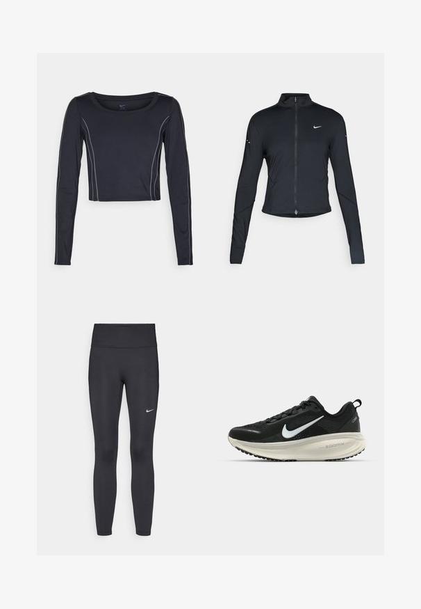 Schwarze, langärmelige Sportjacke mit Frontreißverschluss und weißem Nike-Swoosh-Logo auf der linken Brust, entworfen für eine schlanke Passform.; Dunkelblaues, langärmliges, cropped Oberteil mit rundem Halsausschnitt. Verfügt über hellgraue Nähte entlang der Nähte. Hergestellt aus dehnbarem Stoff für zusätzlichen Komfort.; Schwarze Leggings aus elastischem Stoff, mit einem hohen Bund und einem weißen Nike-Logo auf dem linken Oberschenkel. Glatte Textur, figurbetontes Design.; Schwarzer Nike-Laufschuh mit atmungsaktivem Mesh-Obermaterial, weißem Swoosh-Logo, strukturierten Details und einer cremefarbenen ZoomX-Zwischensohle.