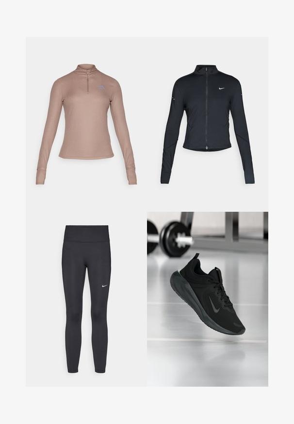 Jaqueta atlética preta de mangas longas com fecho na frente e logótipo do swoosh da Nike branco no peito esquerdo, projetada para um ajuste slim.; Camisa de manga longa com fecho no pescoço em tecido canelado castanho claro, com um discreto logótipo azul no peito; design ajustado com buracos para os polegares nos punhos.; Leggings pretos feitos de tecido elástico, com uma cintura alta e um logo branco da Nike na coxa esquerda. Textura suave, design ajustado ao corpo.; Sapatilha desportiva preta com o logotipo da Nike, mostrada em pleno ar sobre o chão do ginásio, com um suporte de halteres desfocado ao fundo.