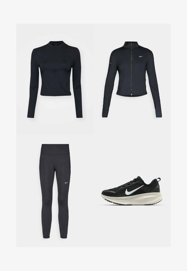 Giacca sportiva nera a maniche lunghe con zip frontale e logo Nike swoosh bianco sul lato sinistro del petto, progettata per una vestibilità slim.; Top corto maniche lunghe nero in un tessuto liscio ed elastico, con colletto alto e zip sul retro. Presenta dettagli delle cuciture lungo le maniche.; Leggings neri realizzati in tessuto elasticizzato, con una vita alta e un logo Nike bianco sulla coscia sinistra. Tessuto liscio, design aderente.; Scarpa da corsa nera Nike con tomaia in rete traspirante, logo Swoosh bianco, dettagli testurizzati e intersuola ZoomX di colore crema.