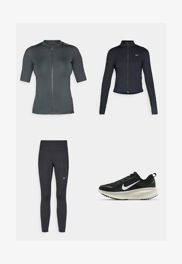 Sort langærmet træningsjakke med frontlynlås og hvid Nike swoosh-logo på venstre bryst, designet til en tætsiddende pasform.; Kortærmet cykeltrøje i mørkegrå. Har en lynlås foran og tekstureret stof, med en rund krave og logoaccent på skulderen.; Sorte leggings lavet af strækbart stof, med en høj talje og et hvidt Nike-logo på venstre lår. Glat tekstur, tætsiddende design.; Sort Nike løbesko med åndbart mesh-overdel, hvidt swoosh-logo, tekstureret detaljering og en cremede ZoomX mellemsål.