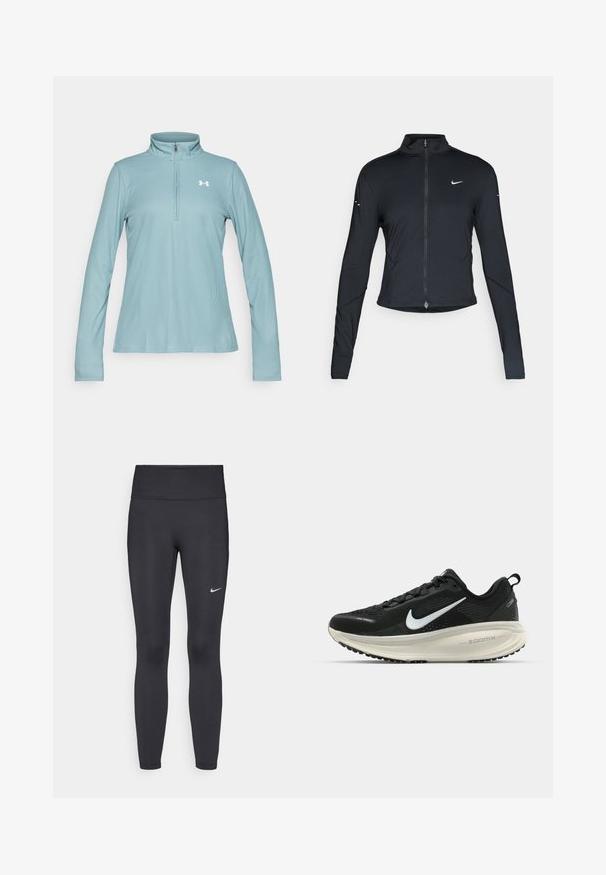 Musta pitkähihainen urheilu takki, jossa on edessä vetoketju ja valkoinen Nike-swoosh-logo vasemmassa rinnassa, suunniteltu slim fit -malliseksi.; Vaaleansininen pitkähihainen vetoketjupullo, jossa on neljännesvetoketju. Valmistettu teksturoidusta kankaasta, jossa on ribbikuvio. Rinnassa valkoinen logo.; Mustat leggingsit joustavasta kankaasta, joissa on korkea vyötärö ja valkoinen Nike-logo vasemmassa reidessä. Sileä pinta, muotoaan myötäilevä suunnittelu.; Mustat Nike-juoksukengät, joissa on hengittävä verkko-osa, valkoinen swoosh-logo, teksturoitu yksityiskohtaus ja kermaisen värinen ZoomX-välipohja.