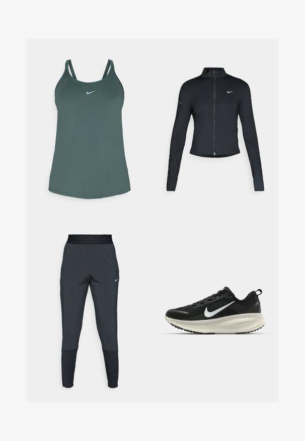 Black long-sleeve athletic jacket with front zipper and white Nike swoosh logo on left chest, designed for a slim fit.; Green athletic tank top made of moisture-wicking fabric, featuring thin straps and a small, reflective logo on the front.; Nike athletic pants in dark gray, featuring a tapered leg design, elastic waistband, and accent details near the cuffs.; Black Nike running shoe with breathable mesh upper, white swoosh logo, textured detailing, and a cream-colored ZoomX midsole.