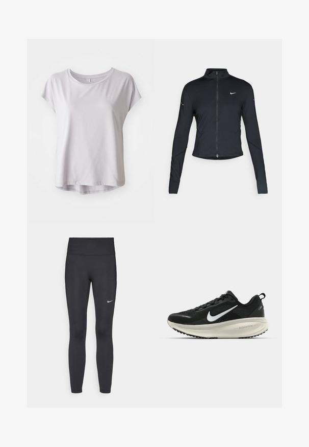 Sort langærmet træningsjakke med frontlynlås og hvid Nike swoosh-logo på venstre bryst, designet til en tætsiddende pasform.; Lys grå, kortærmet atletisk skjorte lavet af glat, åndbart stof; rund halsudskæring med subtilt buet kant for en afslappet pasform.; Sorte leggings lavet af strækbart stof, med en høj talje og et hvidt Nike-logo på venstre lår. Glat tekstur, tætsiddende design.; Sort Nike løbesko med åndbart mesh-overdel, hvidt swoosh-logo, tekstureret detaljering og en cremede ZoomX mellemsål.