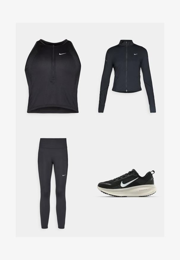 Sort langærmet træningsjakke med frontlynlås og hvid Nike swoosh-logo på venstre bryst, designet til en tætsiddende pasform.; Sort sports crop top med lynlås foran, mesh-detaljer og en tætsiddende pasform. Lavet af strækbart, åndbart stof. Nike-logo på forsiden.; Sorte leggings lavet af strækbart stof, med en høj talje og et hvidt Nike-logo på venstre lår. Glat tekstur, tætsiddende design.; Sort Nike løbesko med åndbart mesh-overdel, hvidt swoosh-logo, tekstureret detaljering og en cremede ZoomX mellemsål.