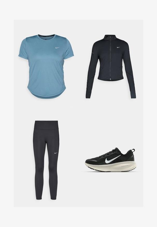 Jaqueta atlética preta de mangas longas com fecho na frente e logótipo do swoosh da Nike branco no peito esquerdo, projetada para um ajuste slim.; Camiseta de corrida de manga curta da Nike em azul, com decote redondo, textura suave e um pequeno logo branco da Nike no lado esquerdo do peito.; Leggings pretos feitos de tecido elástico, com uma cintura alta e um logo branco da Nike na coxa esquerda. Textura suave, design ajustado ao corpo.; Sapatilha de corrida Nike preta com parte superior de malha respirável, logotipo Swoosh branco, detalhes texturizados e uma entressola ZoomX na cor creme.