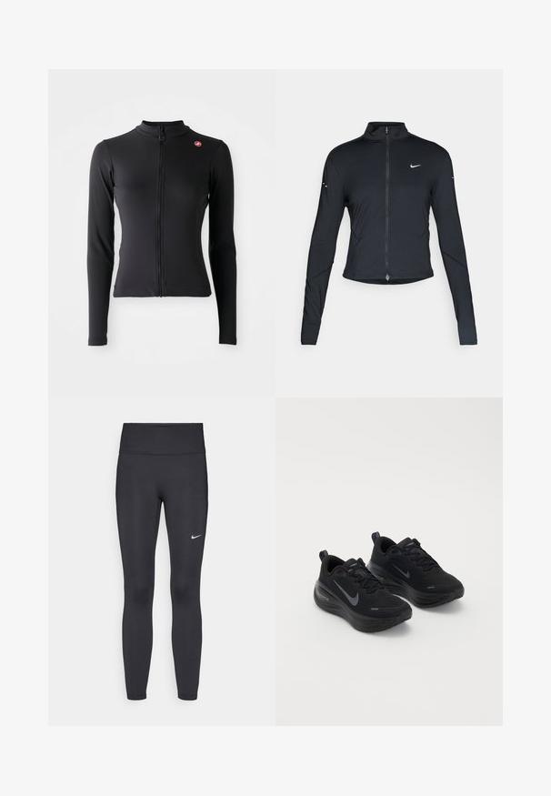 Jaqueta atlética preta de mangas longas com fecho na frente e logótipo do swoosh da Nike branco no peito esquerdo, projetada para um ajuste slim.; Casaco preto de mangas longas ajustado, com fecho na frente e pequeno logótipo circular vermelho no canto superior esquerdo do peito, exibido sobre um fundo branco.; Leggings pretos feitos de tecido elástico, com uma cintura alta e um logo branco da Nike na coxa esquerda. Textura suave, design ajustado ao corpo.; Sapatilhas desportivas pretas com um cabedal texturizado, design com atacadores e uma sola grossa e acolchoada. Apresenta um logótipo da Nike em cinza de cada lado.