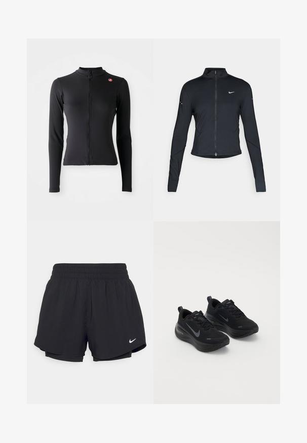 Čierna športová bunda s dlhým rukávom, s predným zipsom a bielym logom Nike swoosh na ľavom prsníku, navrhnutá na tesný strih.; Čierna priliehavá bunda s dlhým rukávom a predným zipsom, s malým červeným kruhovým logom na hornej ľavej strane hrude, vystavená na bielom pozadí.; Čierne športové šortky s elastickým pásom, vnútornou podšívkou a bielym logom Nike na dolnej ľavej strane. Hladká, ľahká tkanina.; Čierne športové topánky s textúrovaným zvrškom, viazaním na šnúrky a hrubou, polstrovanou podrážkou. Obsahuje šedé logo Nike po stranách.