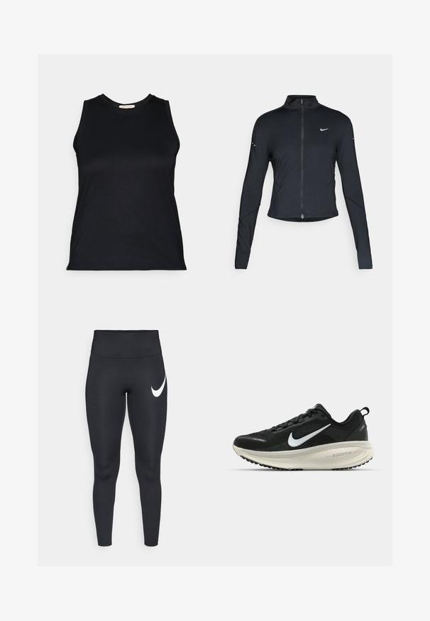 Fekete, hosszú ujjú sportdzseki elején zippzárral és fehér Nike swoosh logóval a bal mellen, karcsú fazonra tervezve.; Fekete ujjatlan felső sima, rugalmas anyagból, kerek nyakkivágással és testhez álló fazonnal, tiszta vonalakkal és látható fém alkatrészek nélkül.; Fekete, magas derékrészű sport leggings, bal combon fehér Nike pipa logóval, fehér háttér előtt.; Fekete Nike futócipő légáteresztő hálós felsőrésszel, fehér Swoosh logóval, textúrázott részletekkel és krém színű ZoomX középtalppal.