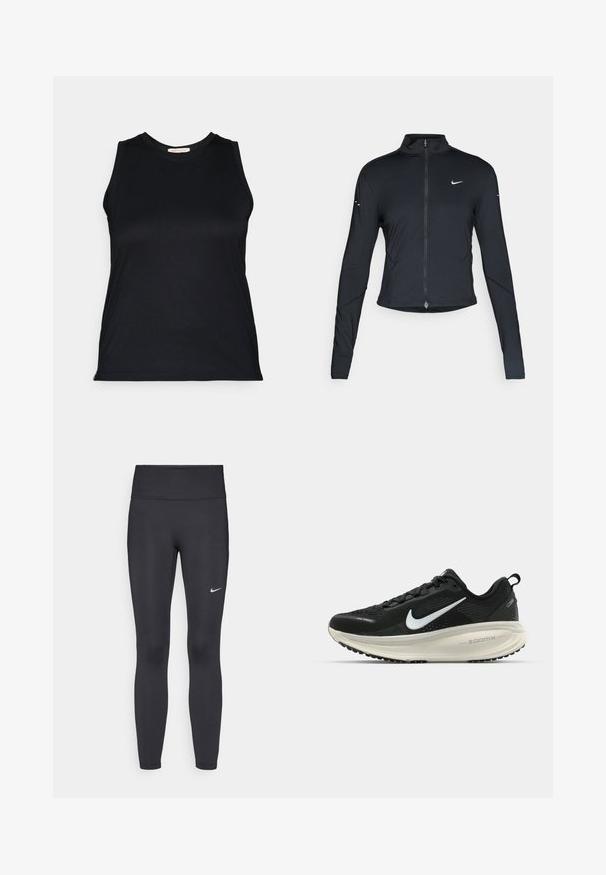 Black long-sleeve athletic jacket with front zipper and white Nike swoosh logo on left chest, designed for a slim fit.; Black sleeveless top in a smooth, stretchy fabric with a crew neckline and a fitted design, featuring clean lines and no visible hardware.; Black leggings made of stretchy fabric, featuring a high waistband and a white Nike logo on the left thigh. Smooth texture, form-fitting design.; Black Nike running shoe with breathable mesh upper, white swoosh logo, textured detailing, and a cream-colored ZoomX midsole.