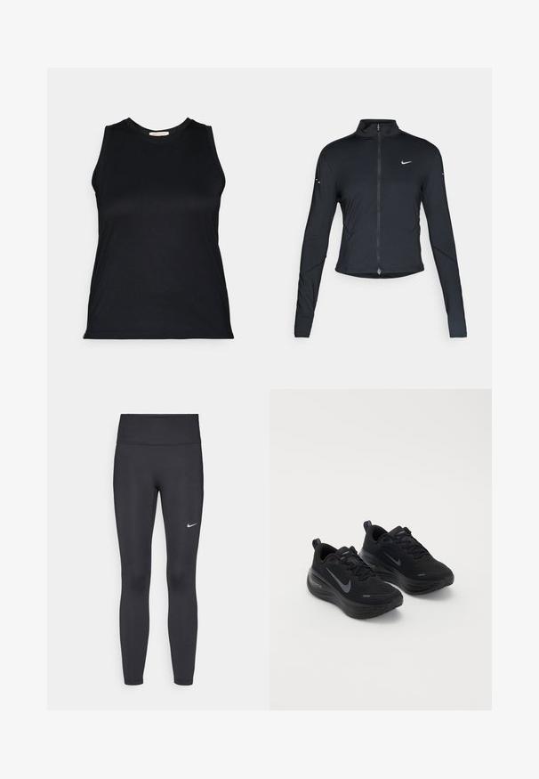 Jaqueta atlética preta de mangas longas com fecho na frente e logótipo do swoosh da Nike branco no peito esquerdo, projetada para um ajuste slim.; Top sem mangas preto em um tecido liso e elástico, com decote redondo e design ajustado, apresentando linhas limpas e sem hardware visível.; Leggings pretos feitos de tecido elástico, com uma cintura alta e um logo branco da Nike na coxa esquerda. Textura suave, design ajustado ao corpo.; Sapatilhas desportivas pretas com um cabedal texturizado, design com atacadores e uma sola grossa e acolchoada. Apresenta um logótipo da Nike em cinza de cada lado.