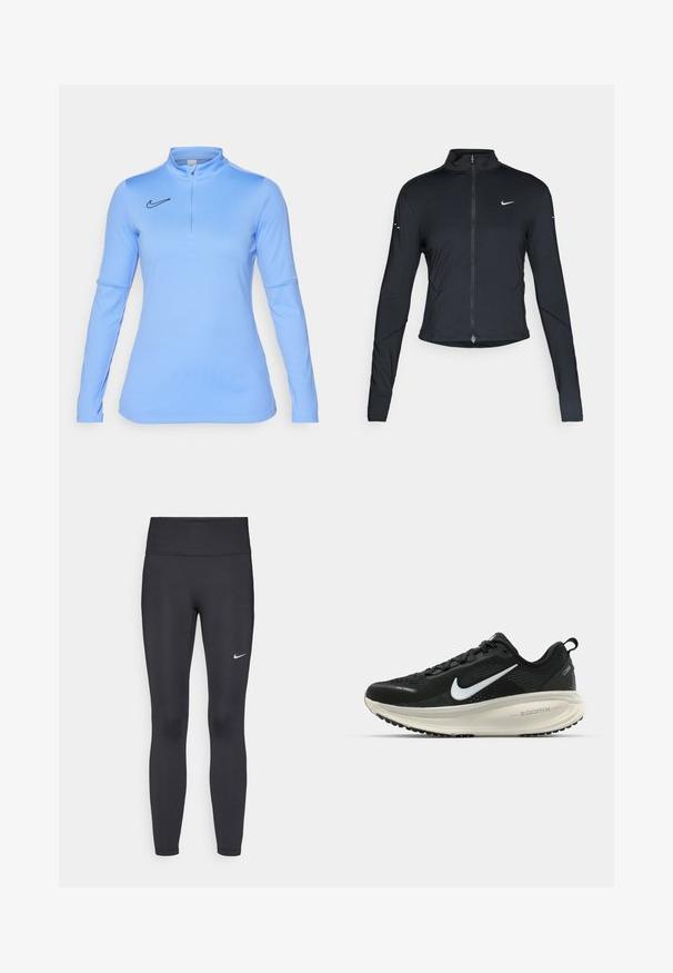 Czarna, długorękawowa, sportowa kurtka z zamkiem błyskawicznym z przodu i białym logo Nike swoosh na lewej piersi, zaprojektowana z myślą o szczupłym kroju.; Nike Performance - Bluzka z długim rękawem; Czarne legginsy z elastycznego materiału, z wysokim pasem i białym logo Nike na lewym udzie. Gładka tekstura, dopasowany krój.; Czarna biegowa półbut z oddychającej siateczki, białym logo swoosh, teksturowanymi detalami oraz kremową podeszwą środkową ZoomX.