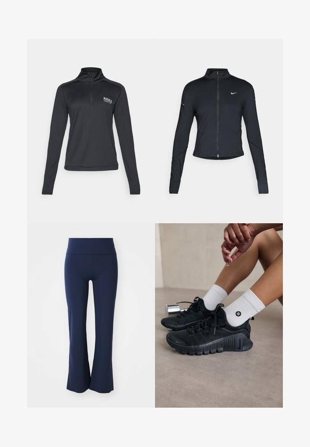 Jachetă sport neagră cu mâneci lungi, fermoar frontal și logo-ul alb al Nike pe pieptul stâng, concepută pentru o croială ajustată.; Nike Performance PACER - Bluză cu mânecă lungă - black; Pantaloni evazați de culoare albastru marin, confecționați dintr-un material elastic, cu un talie lată. Textură netedă, fără modele vizibile sau detalii metalice.; Pantofi sport negri din material texturat, cu un design cu sireturi și o talpă proeminentă, asortați cu șosete albe cu model cu nervuri, având un mic logo.