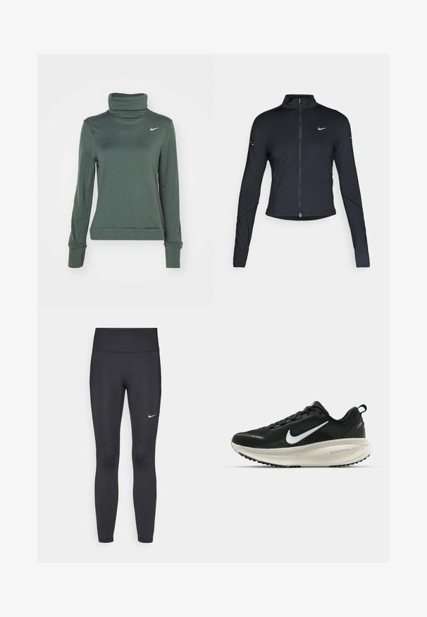Jaqueta atlética preta de mangas longas com fecho na frente e logótipo do swoosh da Nike branco no peito esquerdo, projetada para um ajuste slim.; Nike Performance THERMA-FIT SWIFT - Camisola de manga comprida - vintage green/silver; Leggings pretos feitos de tecido elástico, com uma cintura alta e um logo branco da Nike na coxa esquerda. Textura suave, design ajustado ao corpo.; Sapatilha de corrida Nike preta com parte superior de malha respirável, logotipo Swoosh branco, detalhes texturizados e uma entressola ZoomX na cor creme.