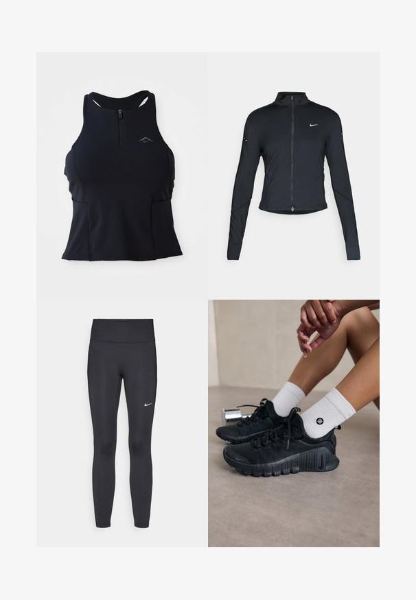 Jaqueta atlética preta de mangas longas com fecho na frente e logótipo do swoosh da Nike branco no peito esquerdo, projetada para um ajuste slim.; Top desportivo preto com fecho frontal, design às costas em estilo nadador e tecido texturizado. Apresenta um detalhe do logo no peito.; Leggings pretos feitos de tecido elástico, com uma cintura alta e um logo branco da Nike na coxa esquerda. Textura suave, design ajustado ao corpo.; Sapatilhas atléticas pretas com tecido texturizado, design com atacadores e uma sola proeminente, emparelhadas com meias brancas com nervuras e um pequeno logótipo.
