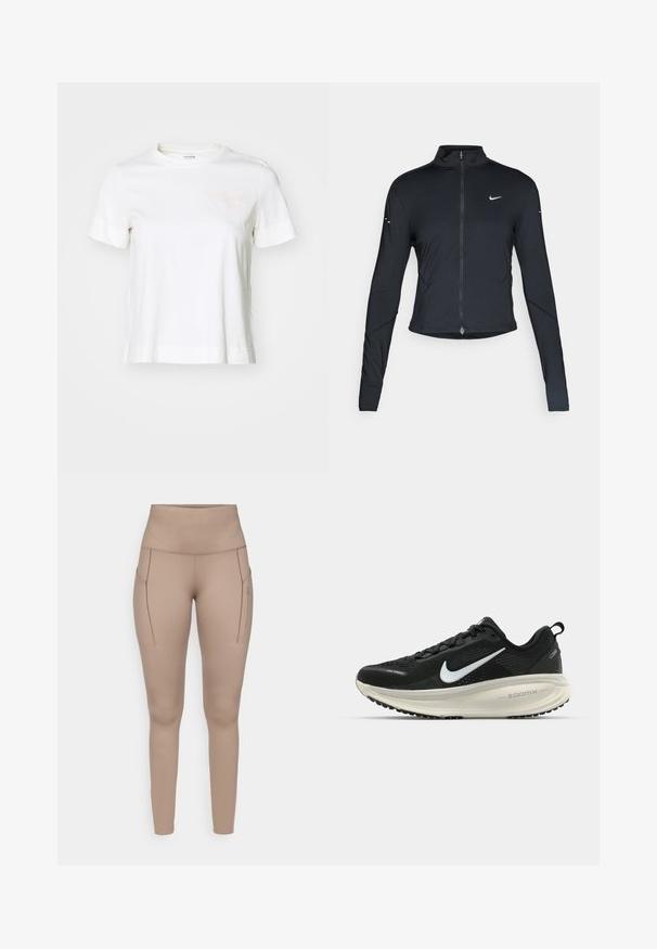 Must have pika, pikkade varrukatega sportlik jakk, ees lukuga ja valge Nike swooshi logo vasakul rinnal, mõeldud kitsaks sobivuseks.; Valge lühikeste varrukatega t-särk, mis on valmistatud puuvillast, ümmarguse kaelusega, vasakul rinnaosas on heledate roosade tähtedega tekst "BJÖRN BORG".; Beige sportlikud legginsid kõrge vöökohaga, millel on kaks külgtaskut ja sile, veniv kangas. Diskreetne hall logo detail.; Musthave mustus Nike jooksujalats, millel on hingav võrgust ülemine osa, valge swoosh logo, tekstuuriga detailid ja kreemja värvusega ZoomX vahevöö.