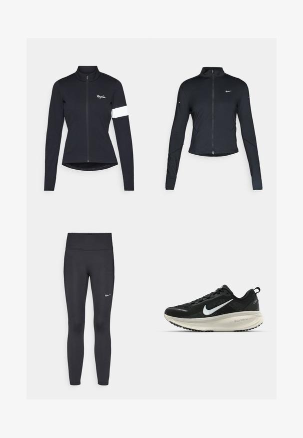 Black long-sleeve athletic jacket with front zipper and white Nike swoosh logo on left chest, designed for a slim fit.; Rapha WOMENS CORE JACKET - Cycling Jersey - black/white; Black leggings made of stretchy fabric, featuring a high waistband and a white Nike logo on the left thigh. Smooth texture, form-fitting design.; Black Nike running shoe with breathable mesh upper, white swoosh logo, textured detailing, and a cream-colored ZoomX midsole.