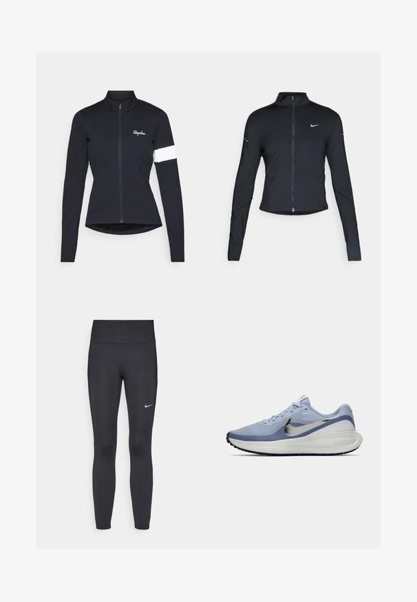 Black long-sleeve athletic jacket with front zipper and white Nike swoosh logo on left chest, designed for a slim fit.; Rapha WOMENS CORE JACKET - Cycling Jersey - black/white; Black leggings made of stretchy fabric, featuring a high waistband and a white Nike logo on the left thigh. Smooth texture, form-fitting design.; Light blue and white Nike running shoe with silver swoosh, breathable mesh upper, cushioned sole, and black outsole tread.