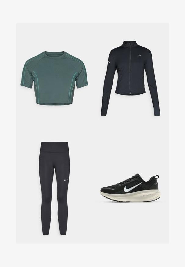 Svart langermet treningsjakke med glidelås foran og hvit Nike swoosh-logo på venstre bryst, designet for en slank passform.; Crop top laget av mørkegrønt stoff med korte ermer, kontrasterende lysgrønn søm, og rund hals med en tettsittende design.; Sorte leggings laget av elastisk stoff, med høy livlinje og en hvit Nike-logo på venstre lår. Glatt tekstur, kroppsnær passform.; Svart Nike løpesko med pustende mesh-overdel, hvit swoosh-logo, teksturert detaljer og en kremfarget ZoomX mellomsåle.