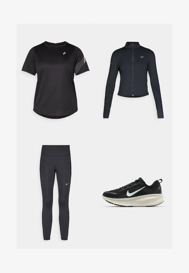 Must have pika, pikkade varrukatega sportlik jakk, ees lukuga ja valge Nike swooshi logo vasakul rinnal, mõeldud kitsaks sobivuseks.; Must värvi sportlik t-särk, lühikesed varrukad, ümar kaelus, tekstuuriga kangas ja täpilised aktsendid paremal varrukal. Rindkerel logo.; Mustad mustadest leggingid, mis on valmistatud venivast kangast, kõrge vöökoha ja valge Nike logo abil vasakul reiel. Sile tekstuur, keha järgiv disain.; Musthave mustus Nike jooksujalats, millel on hingav võrgust ülemine osa, valge swoosh logo, tekstuuriga detailid ja kreemja värvusega ZoomX vahevöö.