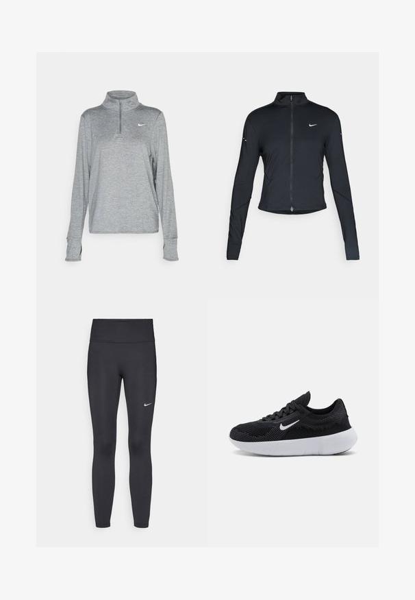 Black long-sleeve athletic jacket with front zipper and white Nike swoosh logo on left chest, designed for a slim fit.; Nike Performance SWIFT - Long sleeved top - smoke grey; Black leggings made of stretchy fabric, featuring a high waistband and a white Nike logo on the left thigh. Smooth texture, form-fitting design.; Black athletic shoe with a mesh upper, textured design, round toe, white rubber sole, and a Nike logo on the side.