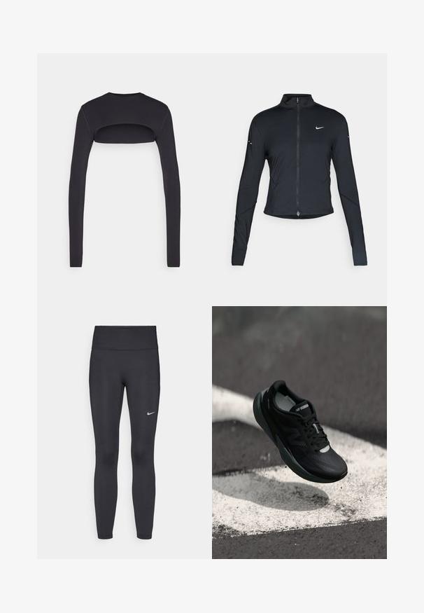 Czarna, długorękawowa, sportowa kurtka z zamkiem błyskawicznym z przodu i białym logo Nike swoosh na lewej piersi, zaprojektowana z myślą o szczupłym kroju.; Czarna bluzka z długim rękawem z wycięciem na plecach. Wykonana z gładkiego materiału, dopasowany krój, z okrągłym dekoltem.; Czarne legginsy z elastycznego materiału, z wysokim pasem i białym logo Nike na lewym udzie. Gładka tekstura, dopasowany krój.; Czarne buty do biegania z teksturowaną cholewką, smukłym designem i odblaskowymi akcentami. Posiadają miękką, amortyzującą podeszwę dla komfortu.
