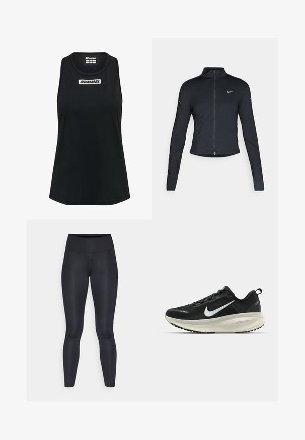 Zwarte lange mouwen sportjack met rits aan de voorkant en wit Nike swoosh-logo op de linkerborst, ontworpen voor een slank figuur.; Zwarte tanktop gemaakt van gladde, lichte stof. Kenmerkt zich door een ronde halslijn en een wit "HUMMEL" logo op de voorkant. Geen extra patronen.; Zwarte leggings van glad, rekbaar stof. Hoge taille zonder zichtbare patronen of accenten. Sluiten nauw aan van taille tot enkels.; Zwarte Nike hardloopschoen met ademend mesh bovenwerk, witte swoosh-logo, gestructureerde details en een crèmekleurige ZoomX middenzool.