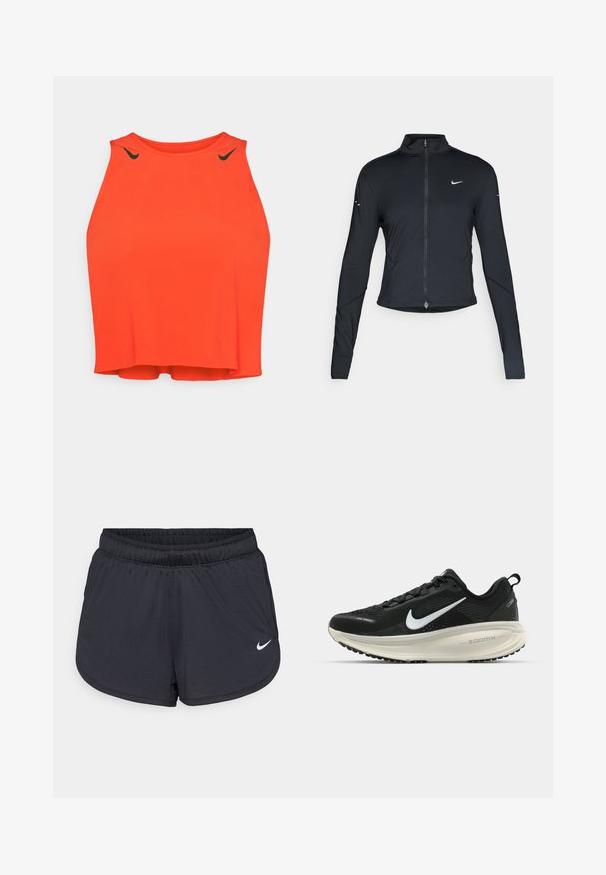 Sort langærmet træningsjakke med frontlynlås og hvid Nike swoosh-logo på venstre bryst, designet til en tætsiddende pasform.; Rød sports tanktop med høj halsudskæring og ærmeløs design. Sorte logo-detaljer nær skuldrene. Glat, let materiale.; Sorte atletikshorts med elastisk talje, med et sporty design og en hvid Nike-logo på den nederste front. Tekstureret stof.; Sort Nike løbesko med åndbart mesh-overdel, hvidt swoosh-logo, tekstureret detaljering og en cremede ZoomX mellemsål.