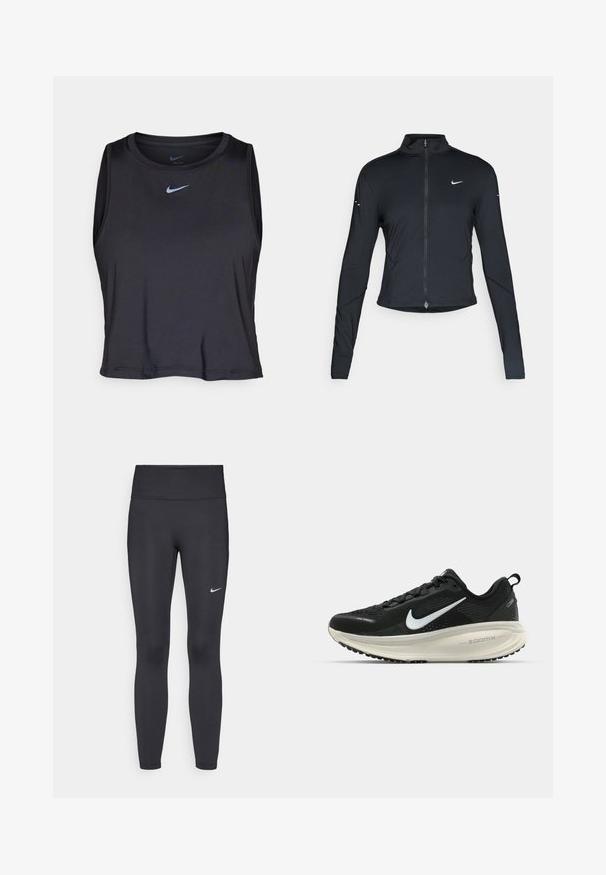 Fekete, hosszú ujjú sportdzseki elején zippzárral és fehér Nike swoosh logóval a bal mellen, karcsú fazonra tervezve.; Fekete ujjatlan sportos crop top sima anyagból, kerek nyakkivágással és világoskék Nike logóval a mellkason.; Fekete leggings elasztikus anyagból, magas derékkal és fehér Nike logóval a bal combon. Simább textúra, testhez álló kialakítás.; Fekete Nike futócipő légáteresztő hálós felsőrésszel, fehér Swoosh logóval, textúrázott részletekkel és krém színű ZoomX középtalppal.