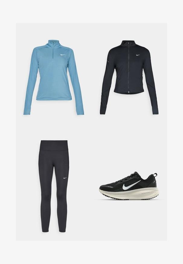 Jaqueta atlética preta de mangas longas com fecho na frente e logótipo do swoosh da Nike branco no peito esquerdo, projetada para um ajuste slim.; T-shirt atlético de manga longa azul claro com colar alto e fecho de correr de um quarto. Apresenta um pequeno logótipo branco na área do peito esquerdo.; Leggings pretos feitos de tecido elástico, com uma cintura alta e um logo branco da Nike na coxa esquerda. Textura suave, design ajustado ao corpo.; Sapatilha de corrida Nike preta com parte superior de malha respirável, logotipo Swoosh branco, detalhes texturizados e uma entressola ZoomX na cor creme.