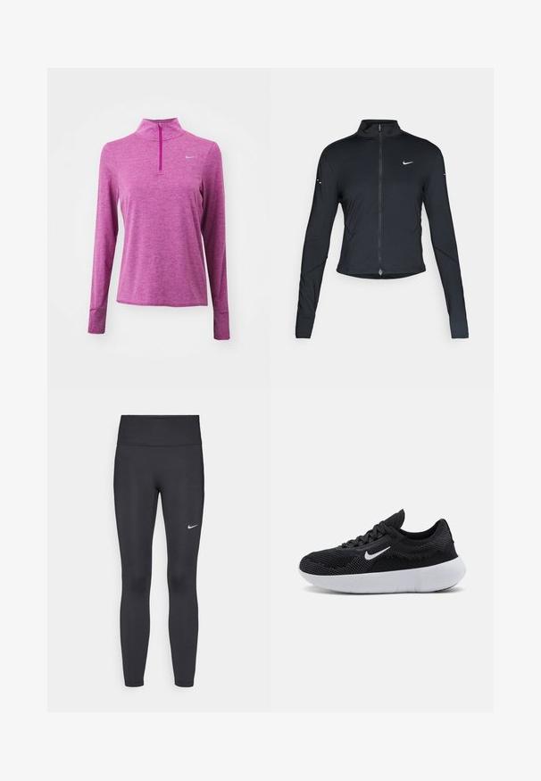 Black long-sleeve athletic jacket with front zipper and white Nike swoosh logo on left chest, designed for a slim fit.; Pink long-sleeve athletic top with a half zipper, made of textured fabric. Features a reflective logo on the chest and thumbholes in the cuffs.; Black leggings made of stretchy fabric, featuring a high waistband and a white Nike logo on the left thigh. Smooth texture, form-fitting design.; Black athletic shoe with a mesh upper, textured design, round toe, white rubber sole, and a Nike logo on the side.