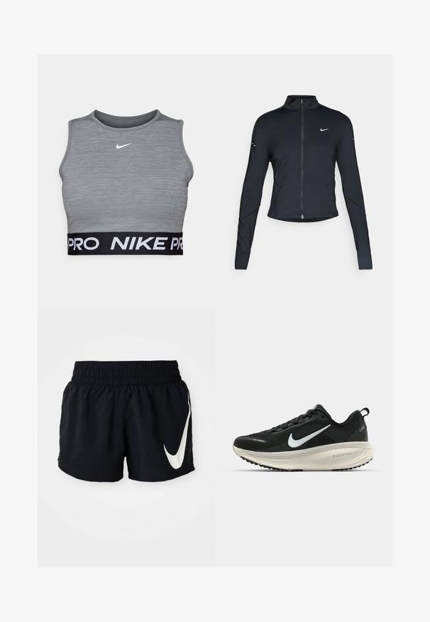 Fekete, hosszú ujjú sportdzseki elején zippzárral és fehér Nike swoosh logóval a bal mellen, karcsú fazonra tervezve.; Szürke sportos crop top sima anyagból, kerek nyakkivágással és fekete elasztikus szalaggal, rajta fehér "NIKE PRO" felirattal.; Fekete sportnadrág elasztikus derékpánttal, az elején nagy fehér Nike logóval és sima, könnyű anyaggal.; Fekete Nike futócipő légáteresztő hálós felsőrésszel, fehér Swoosh logóval, textúrázott részletekkel és krém színű ZoomX középtalppal.