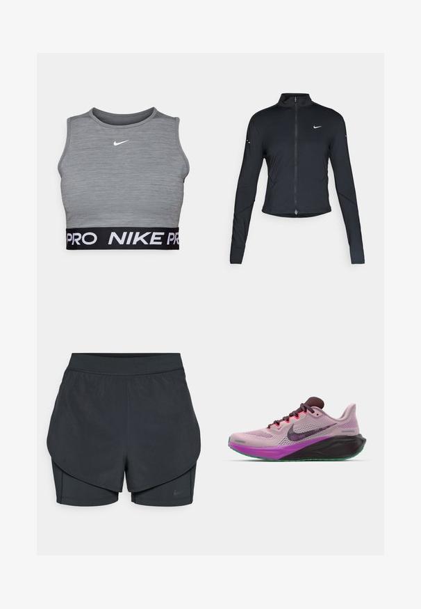 Jaqueta atlética preta de mangas longas com fecho na frente e logótipo do swoosh da Nike branco no peito esquerdo, projetada para um ajuste slim.; Top crop atlético cinza feito de um tecido suave, com decote arredondado e uma faixa elástica preta com letras brancas "NIKE PRO".; Calções desportivos pretos com um design em camadas, apresentando uma camada exterior suave e calções interiores ajustados. Feitos de um tecido leve e elástico.; Sapatos de corrida Nike em malha rosa com detalhes roxos, apresentando uma sola preta e um sola exterior verde. Com atacadores e um colarinho almofadado.