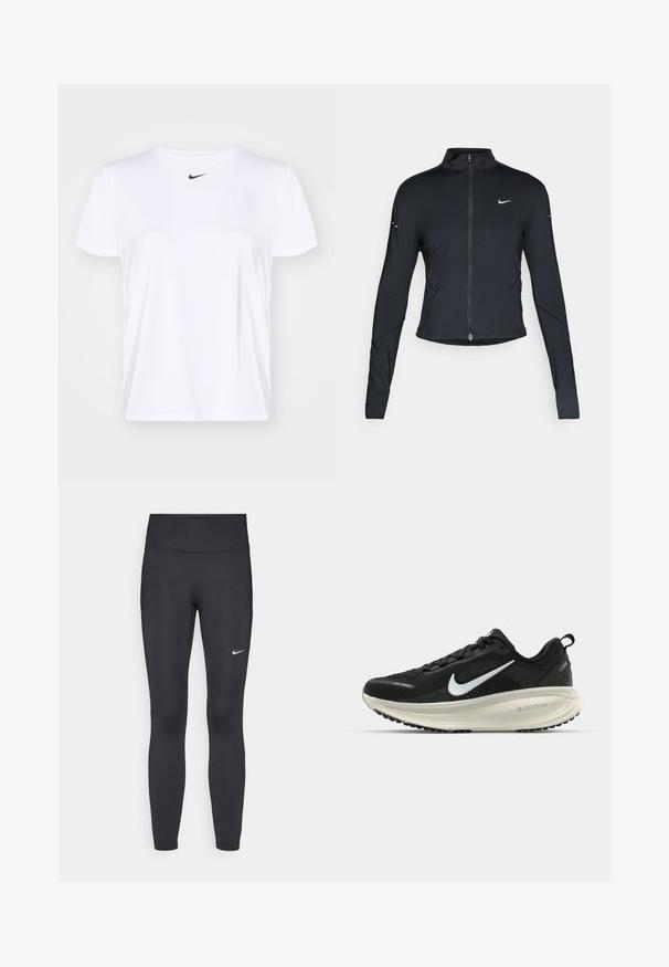 Černá sportovní bunda s dlouhým rukávem, s předním zapínáním na zip a bílým logem Nike swoosh na levé části hrudníku, navržena pro slim fit.; Bílé atletické tričko z hladké látky, s kulatým výstřihem a krátkými rukávy. Malé černé logo Nike uprostřed na hrudi.; Černé legíny vyrobené z elastického materiálu, s vysokým pasem a bílým logem Nike na levém stehně. Hladká textura, přiléhavý střih.; Černá běžecká obuv Nike s prodyšným síťovaným svrškem, bílým logem swoosh, texturovanými detaily a krémovou mezipodešví ZoomX.