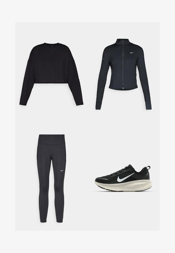 Černá sportovní bunda s dlouhým rukávem, s předním zapínáním na zip a bílým logem Nike swoosh na levé části hrudníku, navržena pro slim fit.; Černý bavlněný crop top s dlouhými rukávy, kulatým výstřihem a měkkou texturou. Vyznačuje se minimalistickým designem bez viditelných vzorů nebo akcentů.; Černé legíny vyrobené z elastického materiálu, s vysokým pasem a bílým logem Nike na levém stehně. Hladká textura, přiléhavý střih.; Černá běžecká obuv Nike s prodyšným síťovaným svrškem, bílým logem swoosh, texturovanými detaily a krémovou mezipodešví ZoomX.