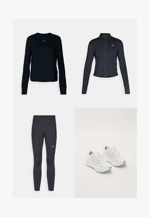 Czarna, długorękawowa, sportowa kurtka z zamkiem błyskawicznym z przodu i białym logo Nike swoosh na lewej piersi, zaprojektowana z myślą o szczupłym kroju.; Czarna koszulka Nike z długim rękawem, okrągłym dekoltem, miękkiego materiału, regularnego kroju oraz małym odblaskowym logo na piersi.; Czarne legginsy z elastycznego materiału, z wysokim pasem i białym logo Nike na lewym udzie. Gładka tekstura, dopasowany krój.; Białe buty sportowe z teksturowaną siateczką u góry, amortyzowana podeszwa i subtelne szare akcenty. Zawierają logo i pętlę z tyłu dla łatwego zakładania.